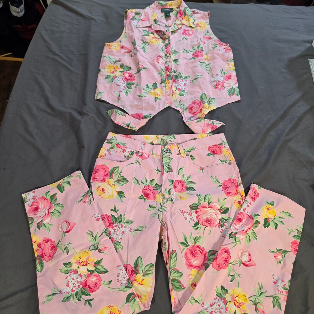 Lauren Ralph Lauren Pink Floral Linen Tie Front Top and Pants Set 2 Piece